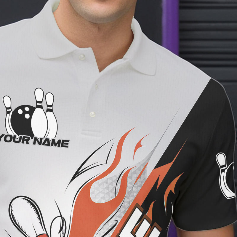 Custom Orange Flame Strike Bowling Men Polo Shirts, Bowling Team Uniform Bowling League Shirt IPHW8779