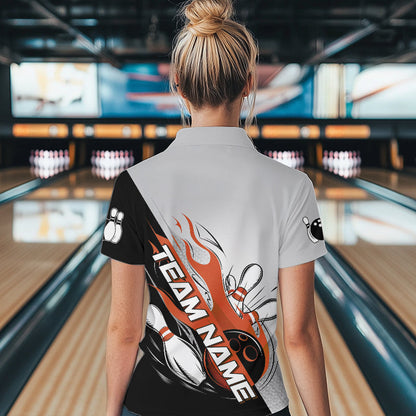 Custom Orange Flame Strike Bowling Women Quarter-Zip Shirts, Team Bowling League Shirt IPHW8779