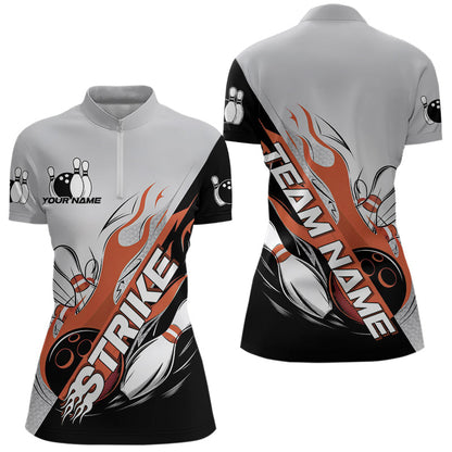 Custom Orange Flame Strike Bowling Women Quarter-Zip Shirts, Team Bowling League Shirt IPHW8779