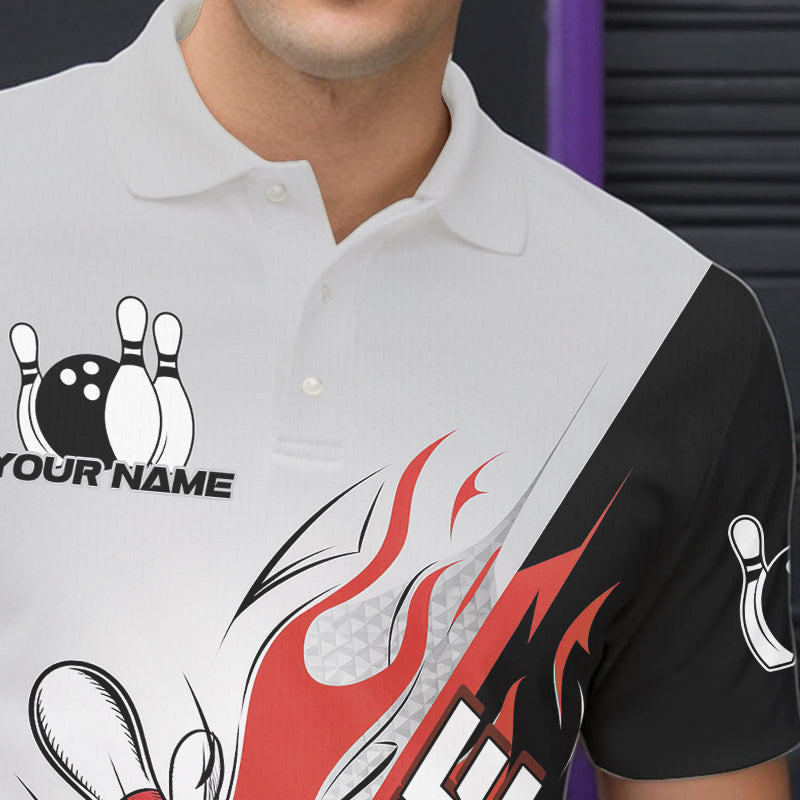 Custom Red Flame Strike Bowling Men Polo Shirts, Bowling Team Uniform Bowling League Shirt IPHW8780