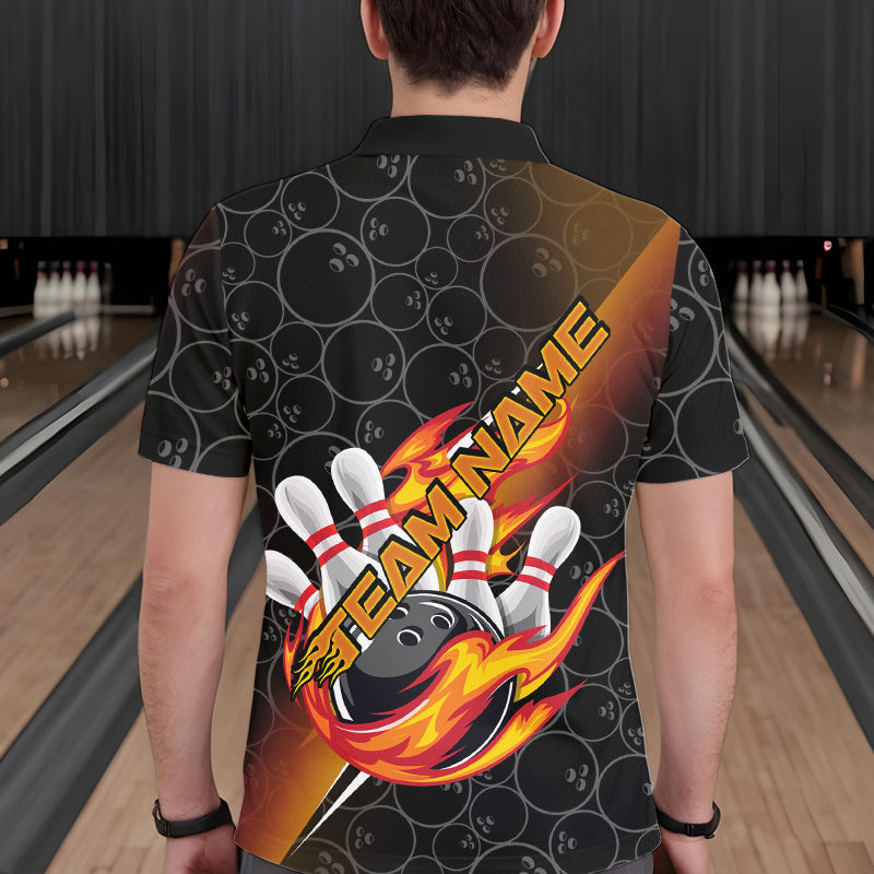 Custom Black And Red Orange Flame Strike Bowling Men Polo Shirts, Bowling Ball Pattern Shirt IPHW8781