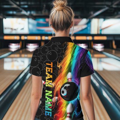 Custom Colorful Rainbow Flame Bowling Team Quarter-Zip Shirts For Women, Bowlers Outfits IPHW8784