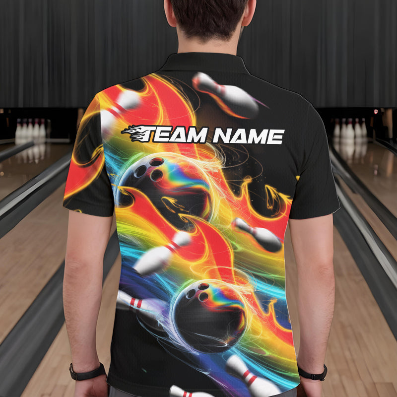 Custom Rainbow Flame Bowling Team Polo Shirts For Men, Colorful Bowling League Shirt IPHW8786