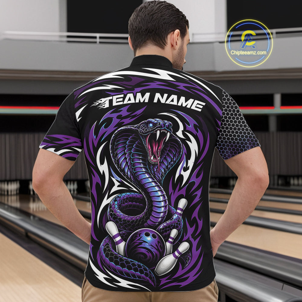 Custom Black And Purple Tribal Cobra Snake Bowling Jerseys Bowling Men Quarter Zip Shirt IPHW11712