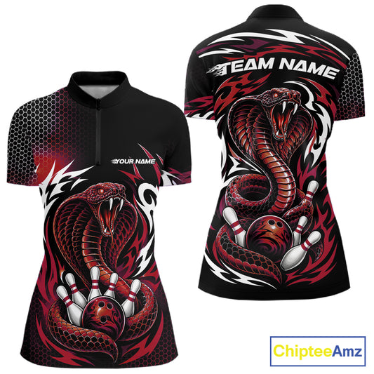 Custom Black And Red Tribal Cobra Snake Bowling Jerseys Bowling Women Quarter-Zip Shirt IPHW11713