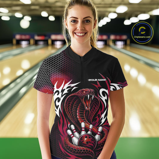 Custom Black And Red Tribal Cobra Snake Bowling Jerseys Bowling Women Quarter-Zip Shirt IPHW11713