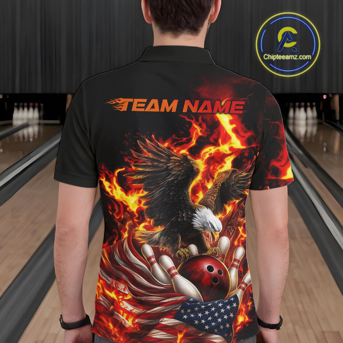 Custom Patriotic Fire Flame Eagle Men Bowling Team Shirt, Firefighter Bowling Shirt IPHW10201