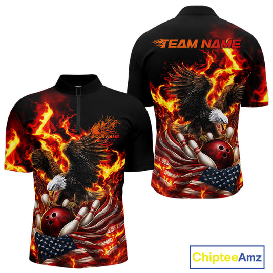 Custom Patriotic Fire Flame Eagle Men Bowling Team Shirt, Firefighter Bowling Shirt IPHW10201