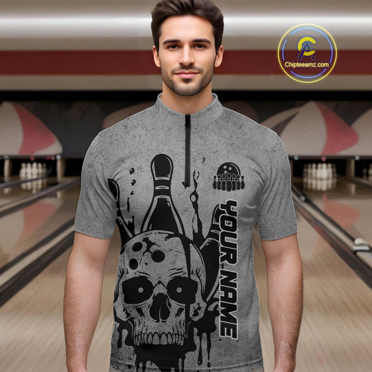 Custom American Flag Skull Bowling Shirts For Men, Patriotic Team Bowling Jerseys IPHW5846
