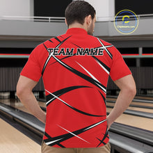 Load image into Gallery viewer, Front view of a male bowler in a bowling alley wearing a red, black, and white bowling quarter zip shirt with an athletic jersey design