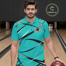Load image into Gallery viewer, Front view of a male bowler wearing a turquoise blue, black, and white bowling polo shirt in a bowling lane