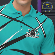 Load image into Gallery viewer, Close-up of the left chest area on a bowling polo shirt featuring a turquoise blue, black, and white athletic jersey pattern