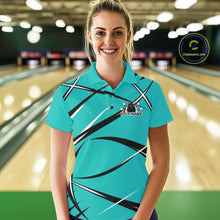 Load image into Gallery viewer, Front view of a female bowler in a bowling alley wearing a turquoise blue, black, and white bowling polo shirt with a sporty jersey design