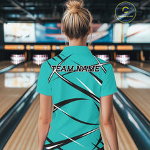Load image into Gallery viewer, Back view of a female bowler wearing a turquoise blue, black, and white bowling polo shirt in a bowling lane