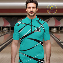 Load image into Gallery viewer, Front view of a male bowler wearing a turquoise blue, black, and white bowling quarter-zip shirt in a bowling lane