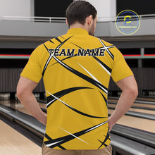 Load image into Gallery viewer, Front view of a male bowler in a bowling alley wearing a yellow, black, and white bowling quarter zip shirt
