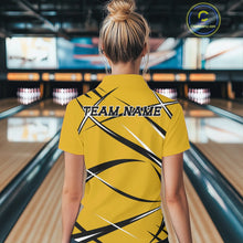 Load image into Gallery viewer, Back view of a female model wearing a yellow, black, and white bowling quarter zip shirt in a bowling alley