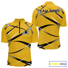 Load image into Gallery viewer, Front and back mockup of a men's quarter zip bowling shirt in yellow, black, and white with a custom name.
