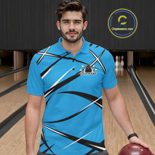 Load image into Gallery viewer, Front view of a male bowler wearing a blue, black, and white bowling polo shirt in a bowling lane