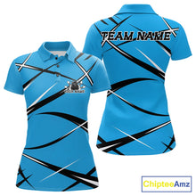 Load image into Gallery viewer, Front and back view of a women's bowling polo shirt mockup with a blue, black, and white athletic bowling jersey pattern