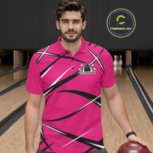 Load image into Gallery viewer, Front view of a male bowler wearing a pink, black, and white bowling polo shirt in a bowling lane