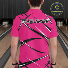 Load image into Gallery viewer, Back view of a male bowler in a bowling alley wearing a pink, black, and white bowling polo shirt with a sporty jersey design