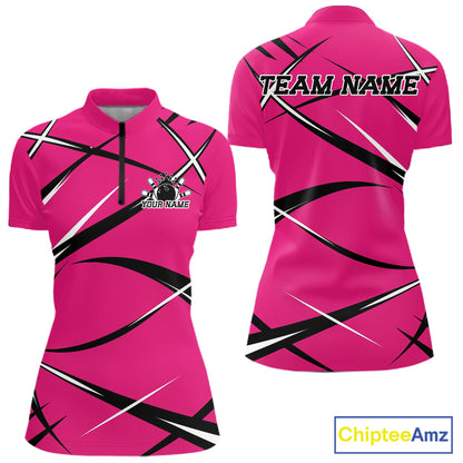 Front and back mockup of a women's quarter zip bowling shirt in pink, black, and white with a custom name.
