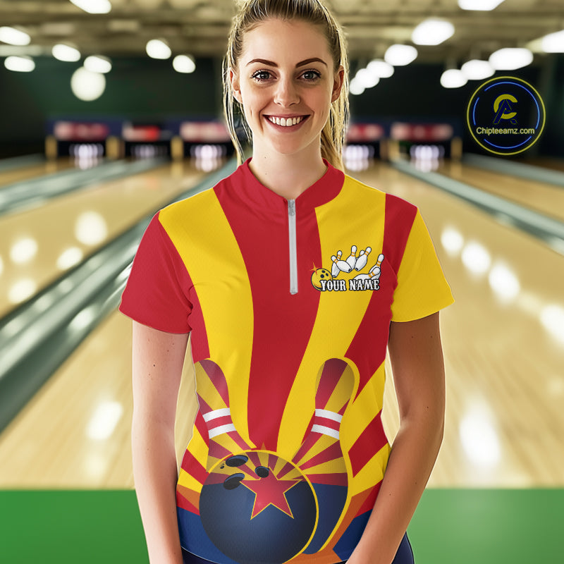 Custom Arizona State Flag Bowling Team Quarter-Zip Shirts For Women, Bowling League Shirt IPHW9266