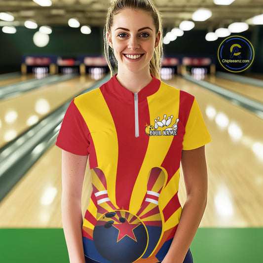 Custom Arizona State Flag Bowling Team Quarter-Zip Shirts For Women, Bowling League Shirt IPHW9266