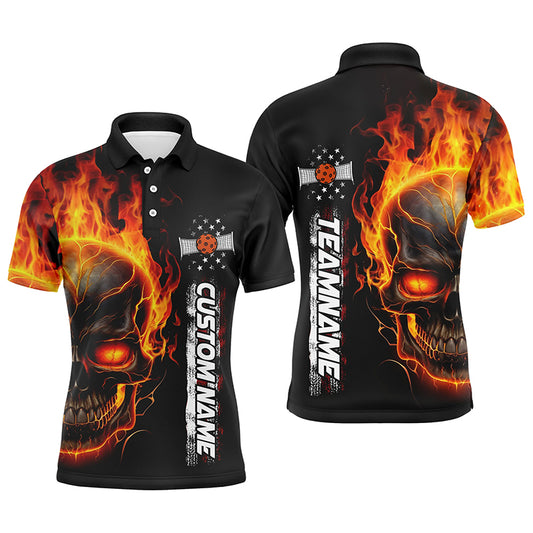Flame Skull American Flag Custom Team Pickleball Shirts For Men, Patriotic Pickleball Jerseys IPHW5190