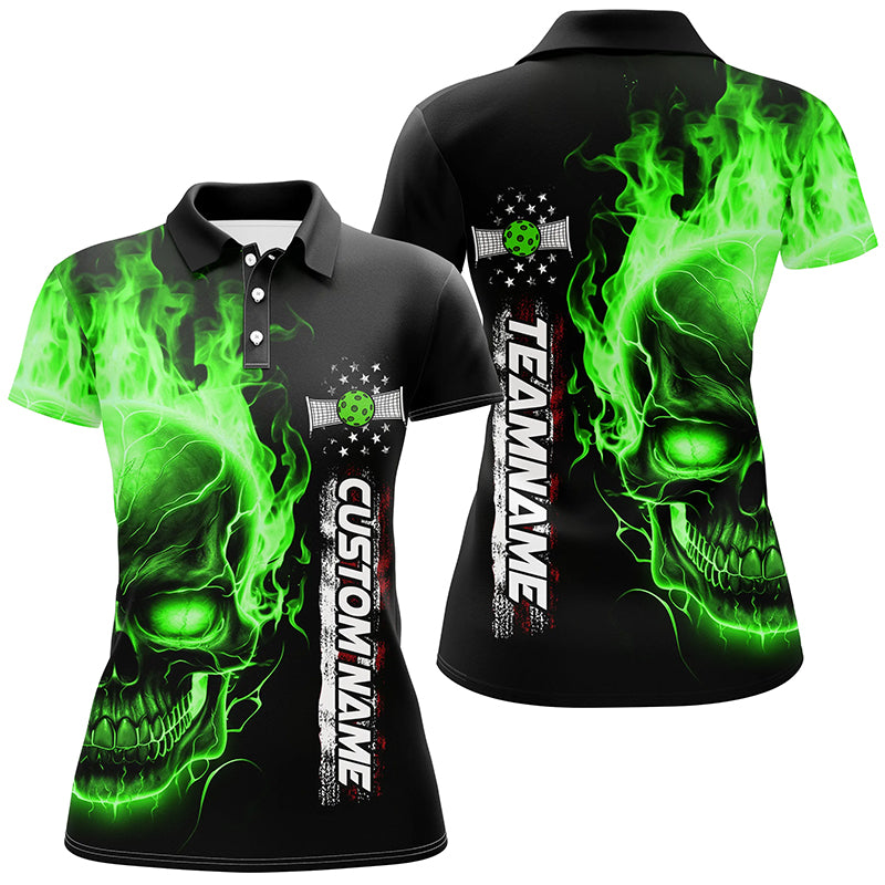 Flame Skull American Flag Custom Team Pickleball Shirts For Women, Patriotic Pickleball Jerseys IPHW5192
