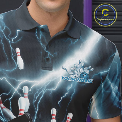 Custom Blue Thunder Lightning Grim Reaper Bowling Men Polo Shirt, Halloween Bowling Outfit IPHW9797