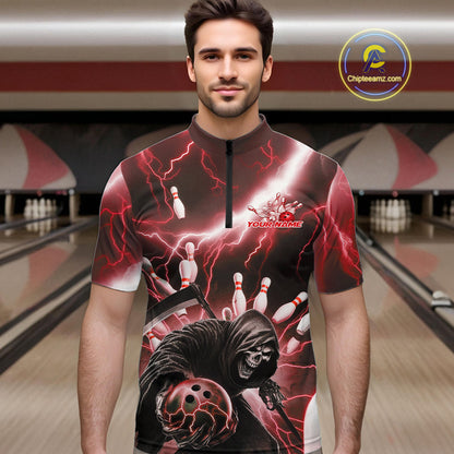Custom Red Thunder Lightning Grim Reaper Bowling Men Quarter-Zip Shirt, Halloween Bowling Outfit IPHW9798