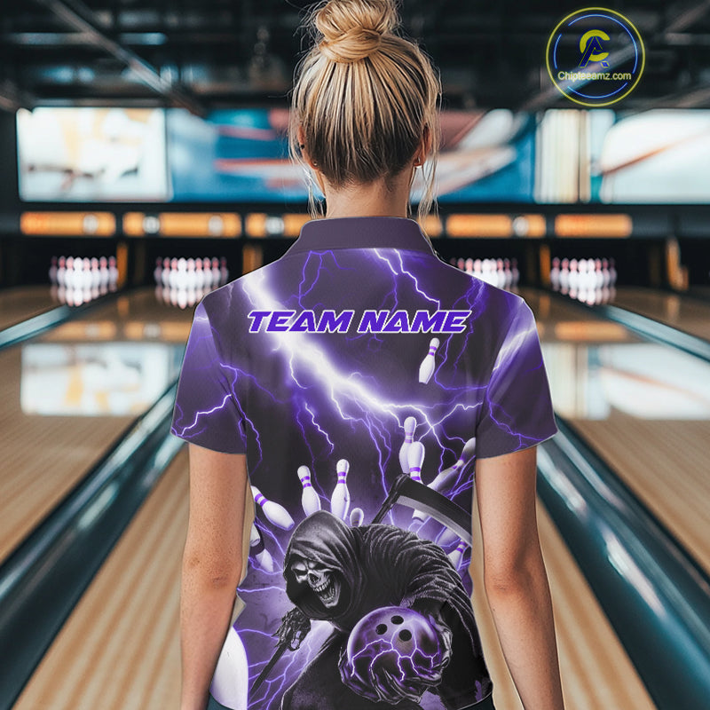 Custom Purple Thunder Lightning Grim Reaper Bowling Women Polo Shirt, Halloween Outfit IPHW9799