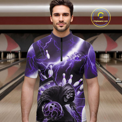 Custom Purple Thunder Lightning Grim Reaper Bowling Men Quarter-Zip Shirt, Halloween Outfit IPHW9799