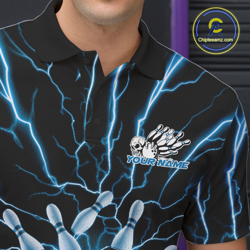 Custom Black And Blue Lightning Grim Reaper Bowling Men Polo Shirt, Halloween Outfit IPHW9804