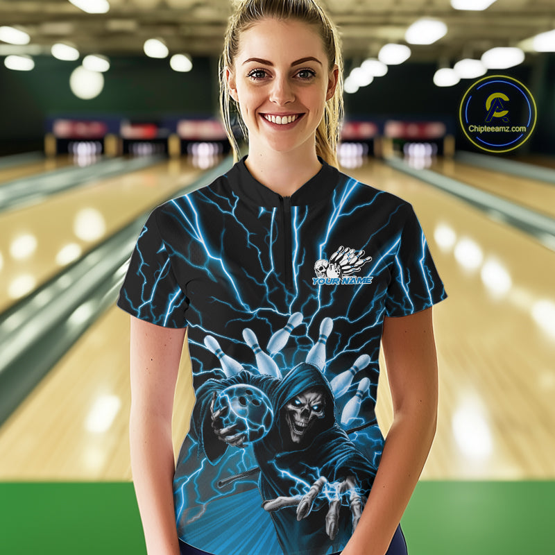 Custom Blue Lightning Grim Reaper Bowling Women Quarter-Zip Shirt, Halloween Outfit IPHW9804
