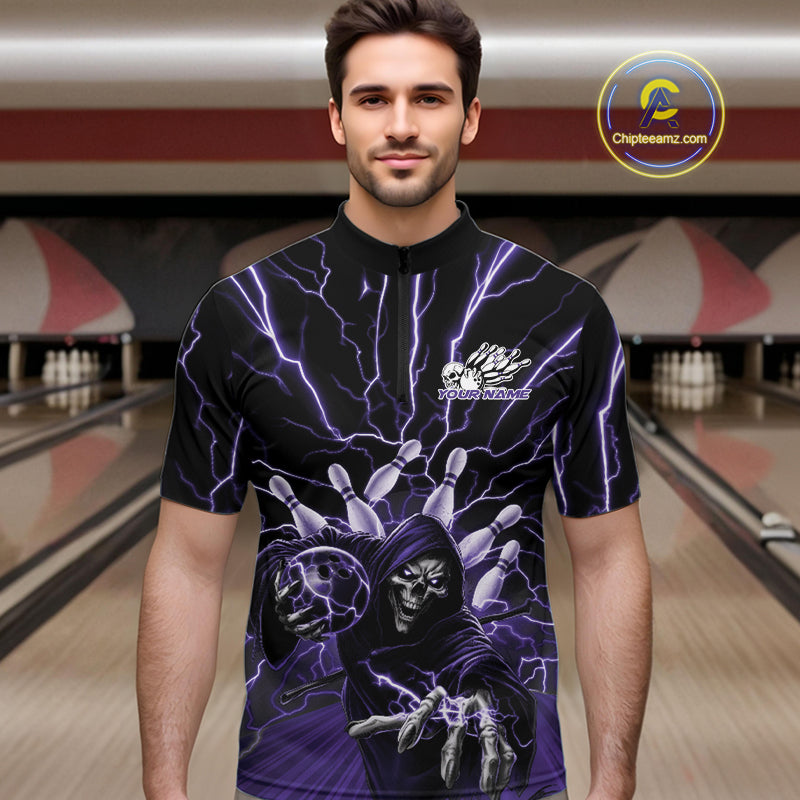 Custom Black And Purple Lightning Grim Reaper Bowling Men Quarter-Zip Shirt, Halloween Outfit IPHW9805