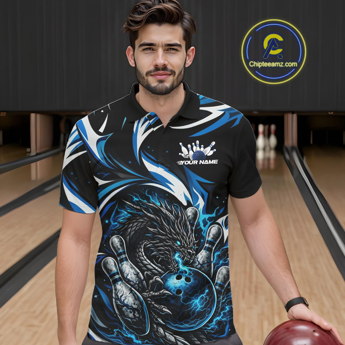 Custom Blue Lightning Dragon Bowling Men Polo Shirts, Dragon Bowling League Shirt IPHW10355