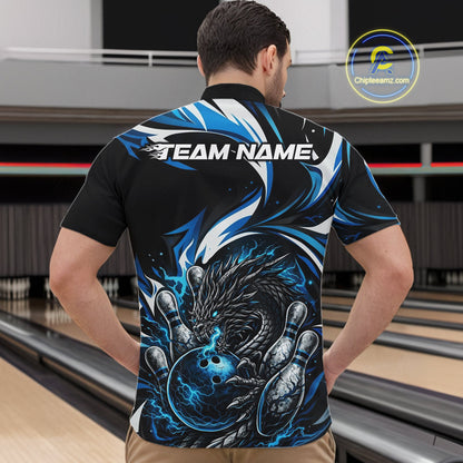 Custom Blue Lightning Dragon Bowling Men Quarter-Zip Shirts, Dragon Bowling League Shirt IPHW10355