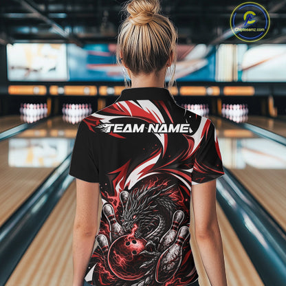 Custom Red Lightning Dragon Bowling Women Quarter-Zip Shirts, Bowling League Shirt IPHW10356