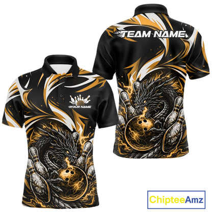Custom Gold Lightning Dragon Bowling Men Polo Shirts, Dragon Bowling League Shirt IPHW10357