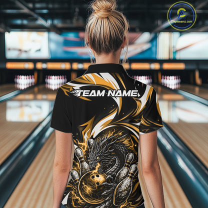 Custom Gold Lightning Dragon Bowling Women Quarter-Zip Shirts, Bowling League Shirt IPHW10357