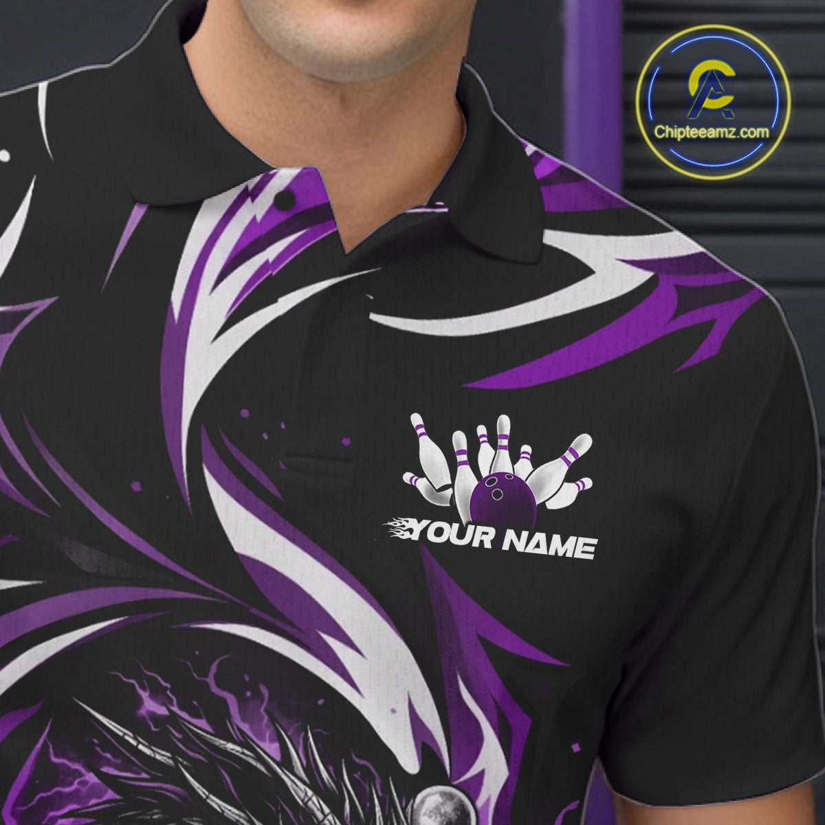 Custom Purple Lightning Dragon Bowling Men Polo Shirts, Dragon Bowling League Shirt IPHW10358