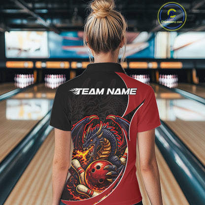 Custom Black And Red Fire Dragon Bowling Jerseys, Dragon Bowling Team Women Polo Shirt IPHW10365