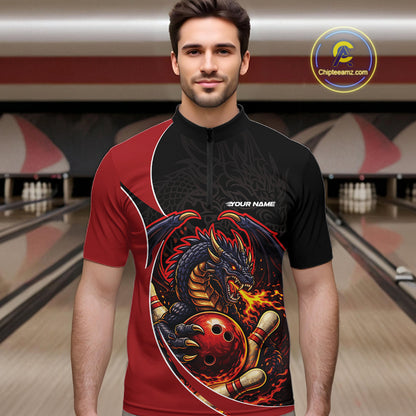 Custom Black And Red Fire Dragon Bowling Jerseys, Dragon Bowling Team Men Quarter-Zip Shirt IPHW10365