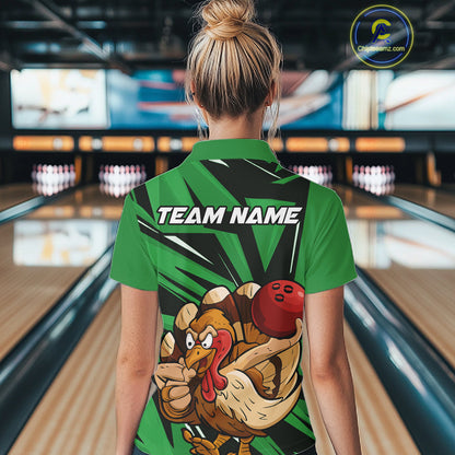 Custom Funny Turkey Bowling Shirts For Women, Green Thanksgiving Bowling Shirt Team Uniform IPHW10677
