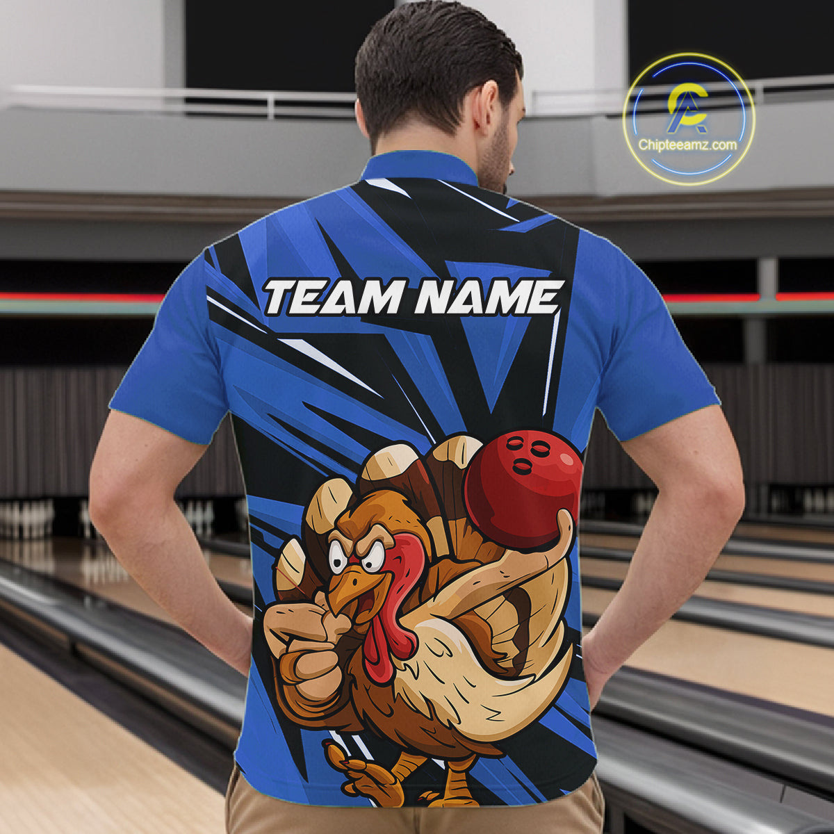 Custom Funny Turkey Bowling Shirts For Men, Blue Thanksgiving Bowling Shirt Team Uniform IPHW10678