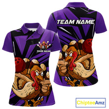 Load image into Gallery viewer, Custom Funny Turkey Bowling Shirts For Women, Purple Thanksgiving Bowling Shirt Team Uniform IPHW10679