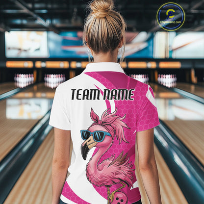 Custom Funny Hot Pink Flamingo Bowling Women Polo Shirt, Bowling League Bowlers Outfit IPHW10680